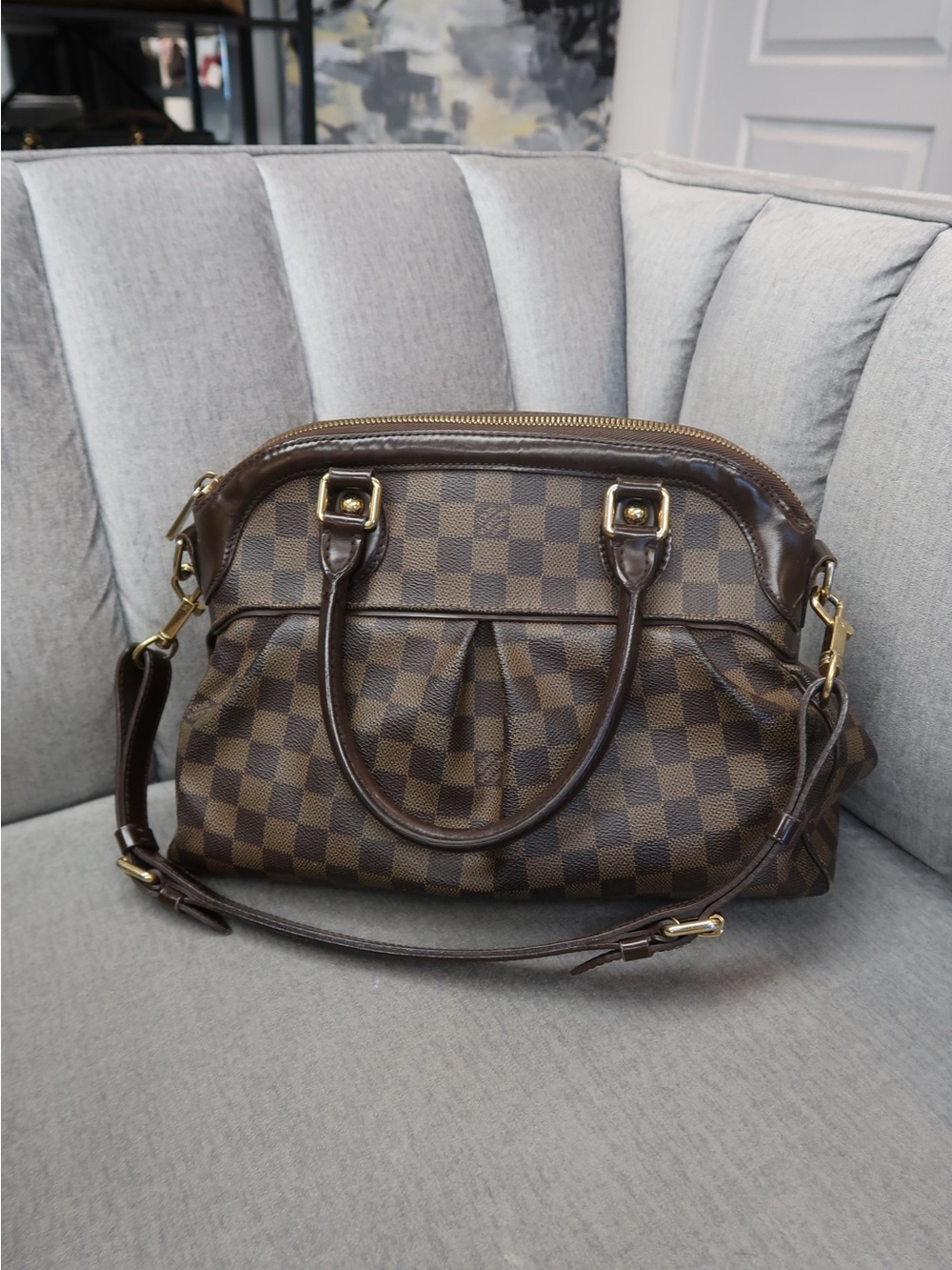 Louis Vuitton Brown Checkered Satchel with Gold Hardware